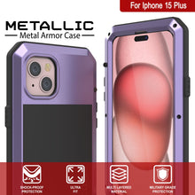 Load image into Gallery viewer, Coque en métal pour iPhone 15 Plus, étui militaire robuste à l'épreuve des chocs, en corps entier rigide, couleur violette.