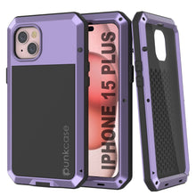Load image into Gallery viewer, Coque en métal pour iPhone 15 Plus, étui militaire robuste à l'épreuve des chocs, en corps entier rigide, couleur violette.