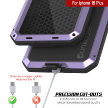 Load image into Gallery viewer, Coque en métal pour iPhone 15 Plus, étui militaire robuste à l'épreuve des chocs, en corps entier rigide, couleur violette.