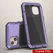 Load image into Gallery viewer, Coque en métal pour iPhone 15 Plus, étui militaire robuste à l'épreuve des chocs, en corps entier rigide, couleur violette.