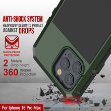 Charger l'image dans la galerie, Coque en métal pour iPhone 15 Pro Max, résistance aux chocs, de qualité militaire, couvrant entièrement le corps et de couleur verte foncée.