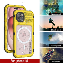 Load image into Gallery viewer, Coque étanche en aluminium de la série iPhone 15 Metal Extreme 2.0 avec protecteur d'écran intégré, de couleur jaune. IP68.