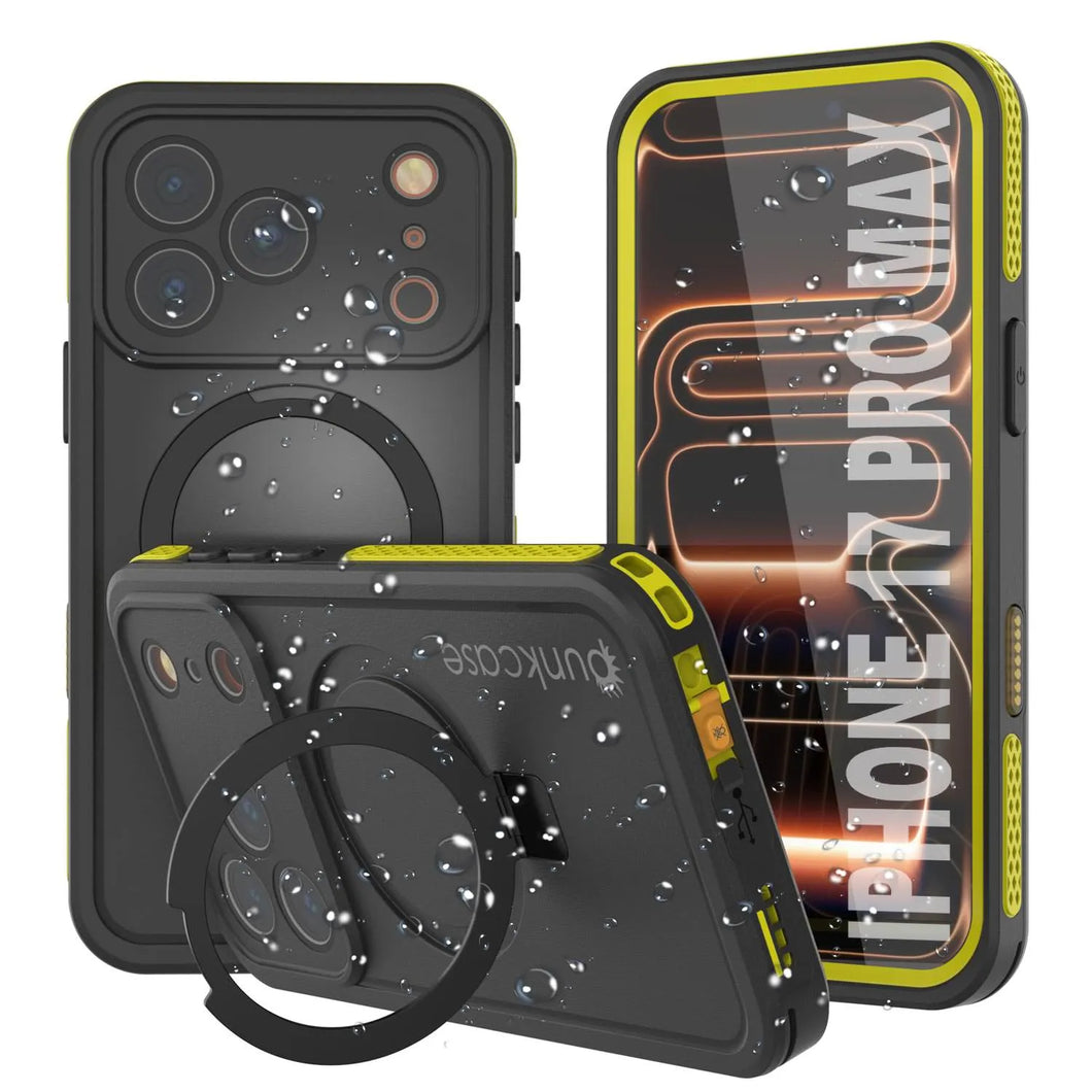 Coque étanche pour iPhone 17 Pro Max [Série Kickstud 2.0] Housse de protection IP68 avec protecteur d'écran et béquille [Jaune]