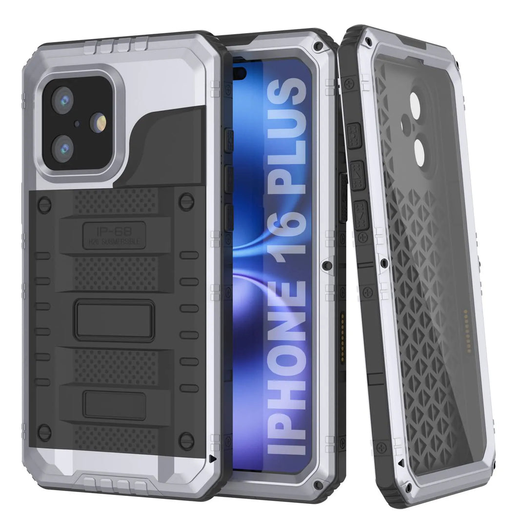 iPhone 16 Plus Metal Extreme 3.0 Série Aluminium Aluminium Aluminium IP68 W / Buillt en protecteur d'écran et kickstand [White]