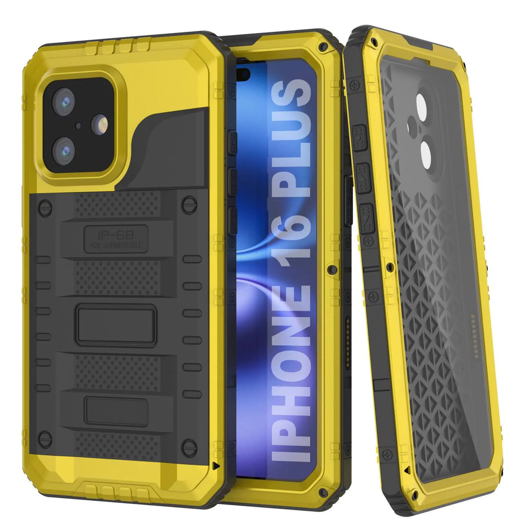 iPhone 16 Plus Metal Extreme 3.0 Série Aluminium Aluminium Aluminium IP68 W / Buillt en protecteur d'écran et kickstand [Yellow]
