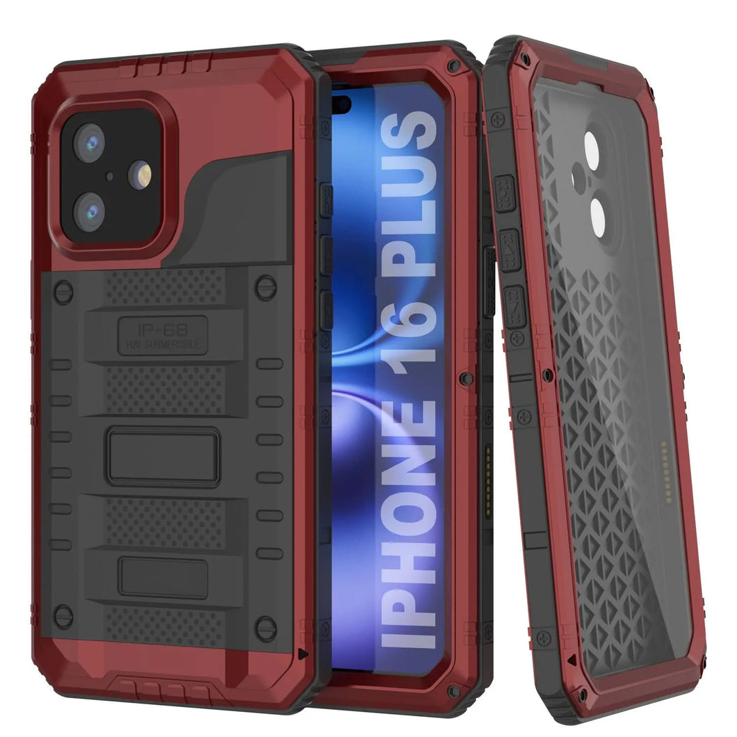 iPhone 16 Plus Metal Extreme 3.0 Série Aluminium Aluminium Aluminium IP68 W / Buillt en protecteur d'écran et kickstand [rouge]