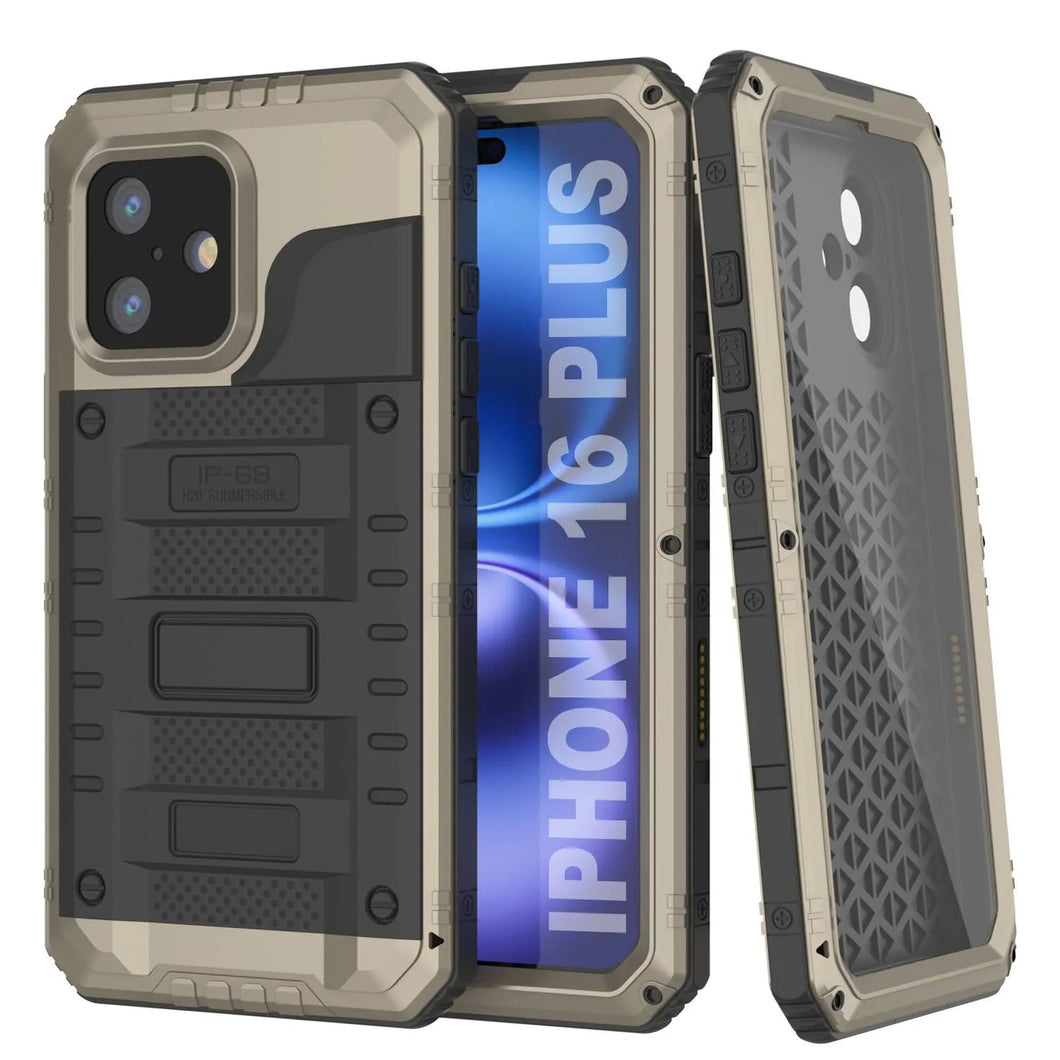 iPhone 16 Plus Metal Extreme 3.0 Série Aluminium Aluminium Aluminium IP68 W / Buillt en protecteur d'écran et kickstand [Gold]
