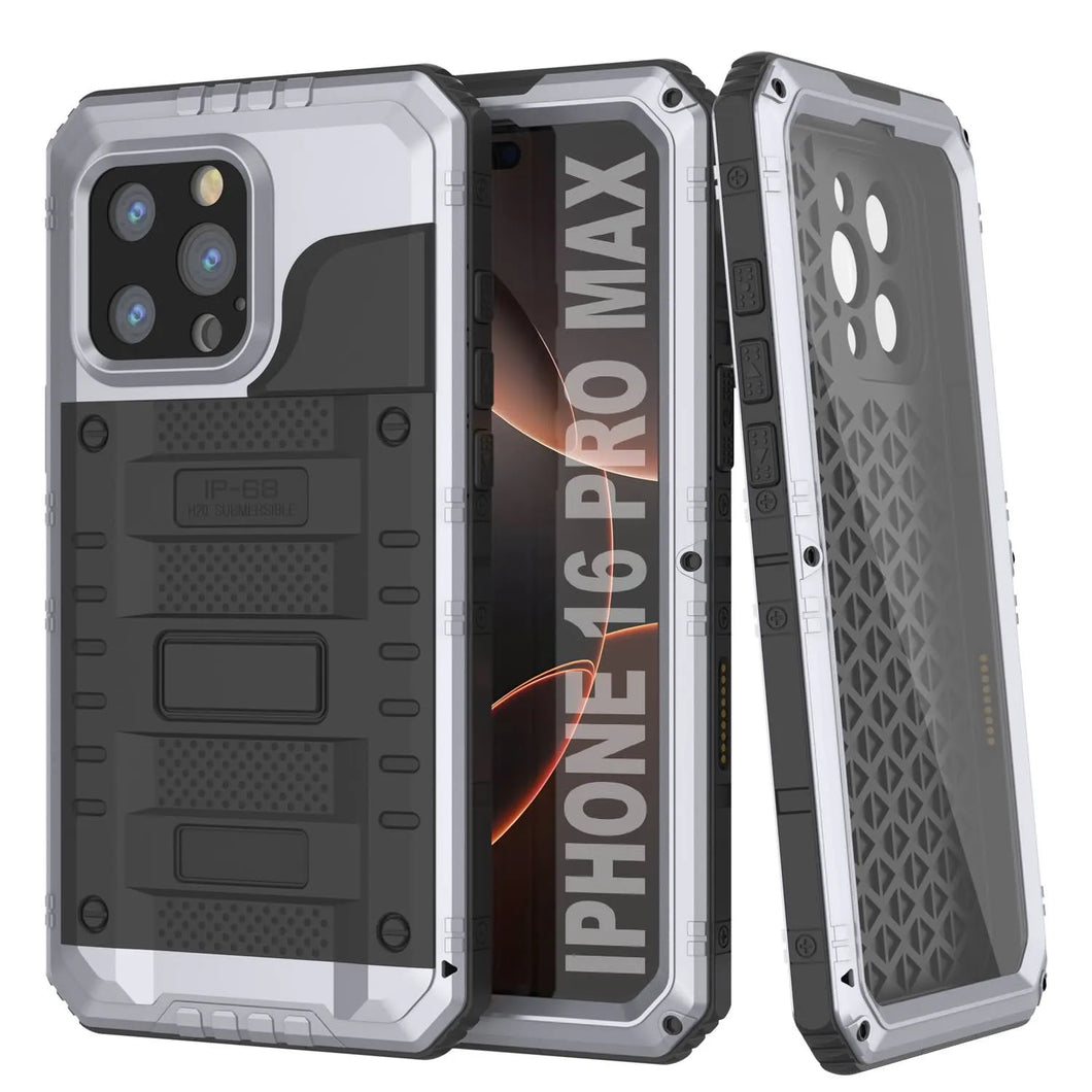 iPhone 16 Pro Max Metal Extreme 3.0 Série Aluminium Aluminium Aluminium Case IP68 avec Buillt en protecteur d'écran et kickstand [White]