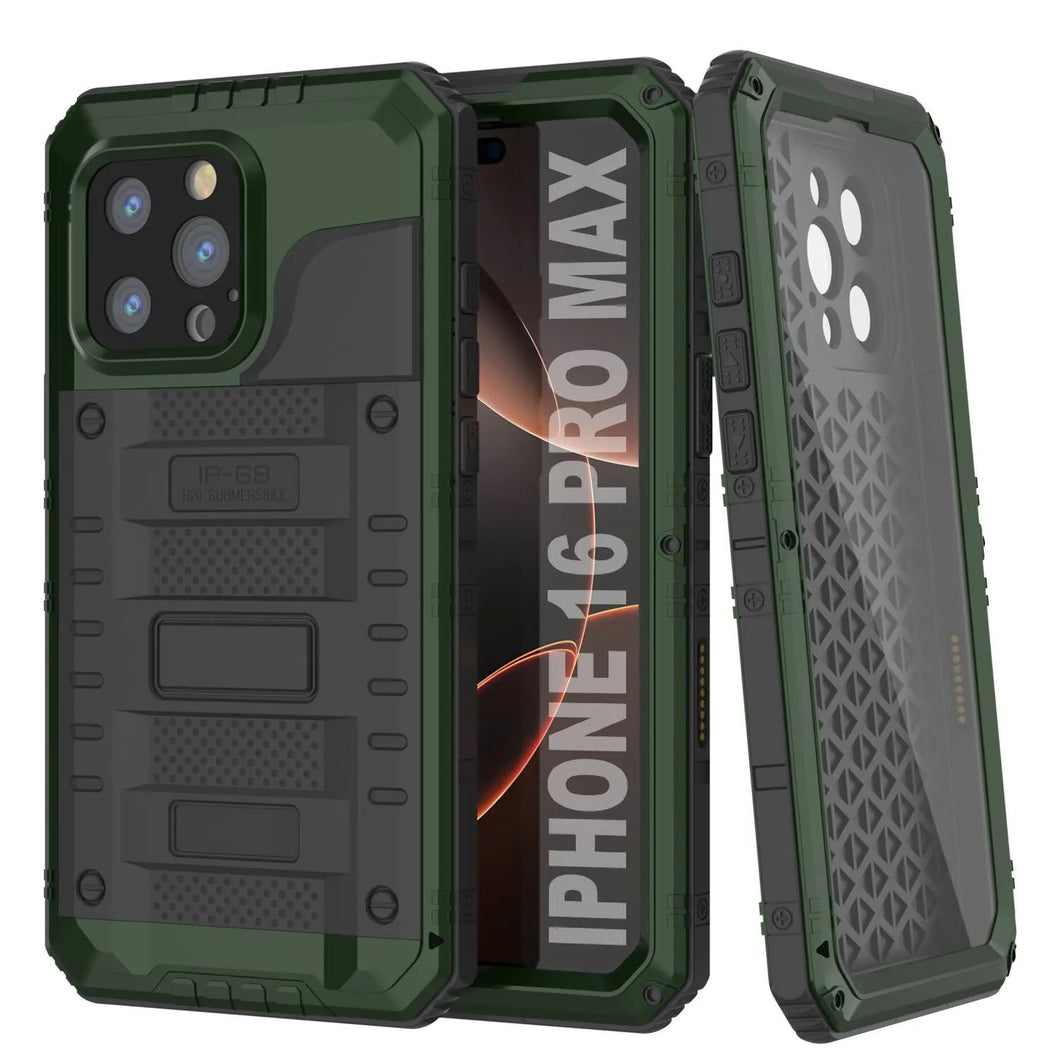 iPhone 16 Pro Max Metal Extreme 3.0 Série Aluminium Aluminium Aluminium Case IP68 avec Buillt en protecteur d'écran et kickstand [Green Dark]