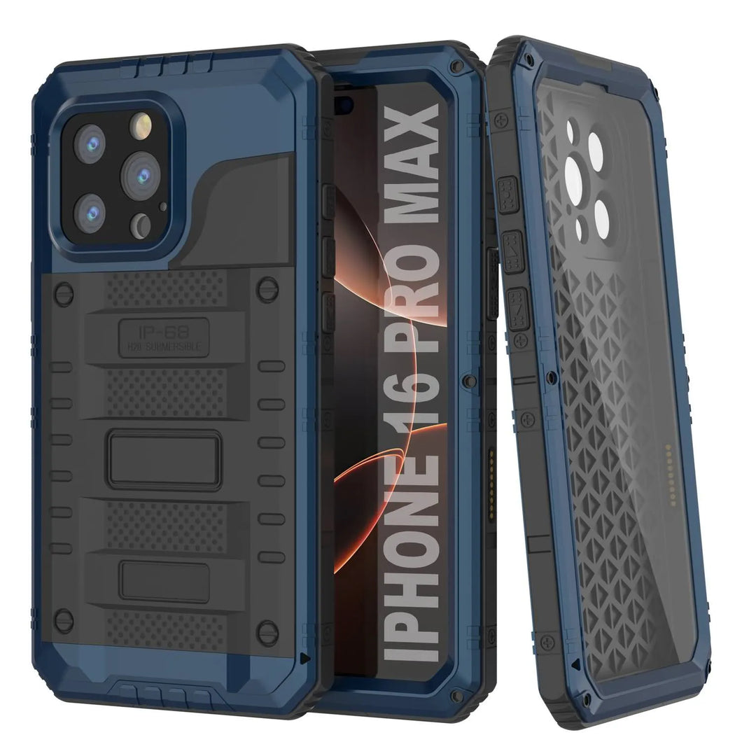 iPhone 16 Pro Max Metal Extreme 3.0 Série Aluminium Aluminium Aluminium Case IP68 W / Buillt en protecteur d'écran et kickstand [Blue]