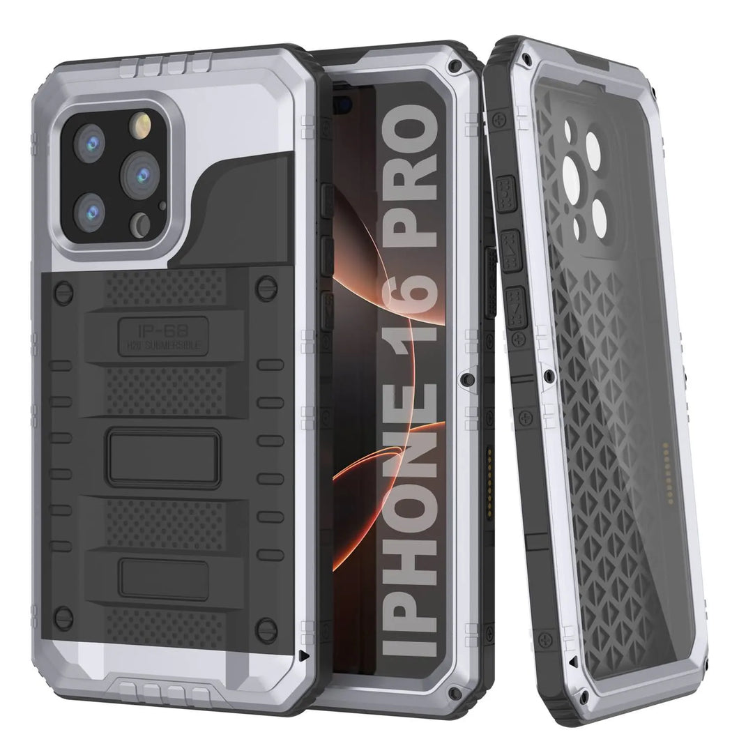 iPhone 16 Pro Metal Extreme 3.0 Série Aluminium Aluminium Aluminium IP68 W / Buillt en protecteur d'écran et kickstand [White]