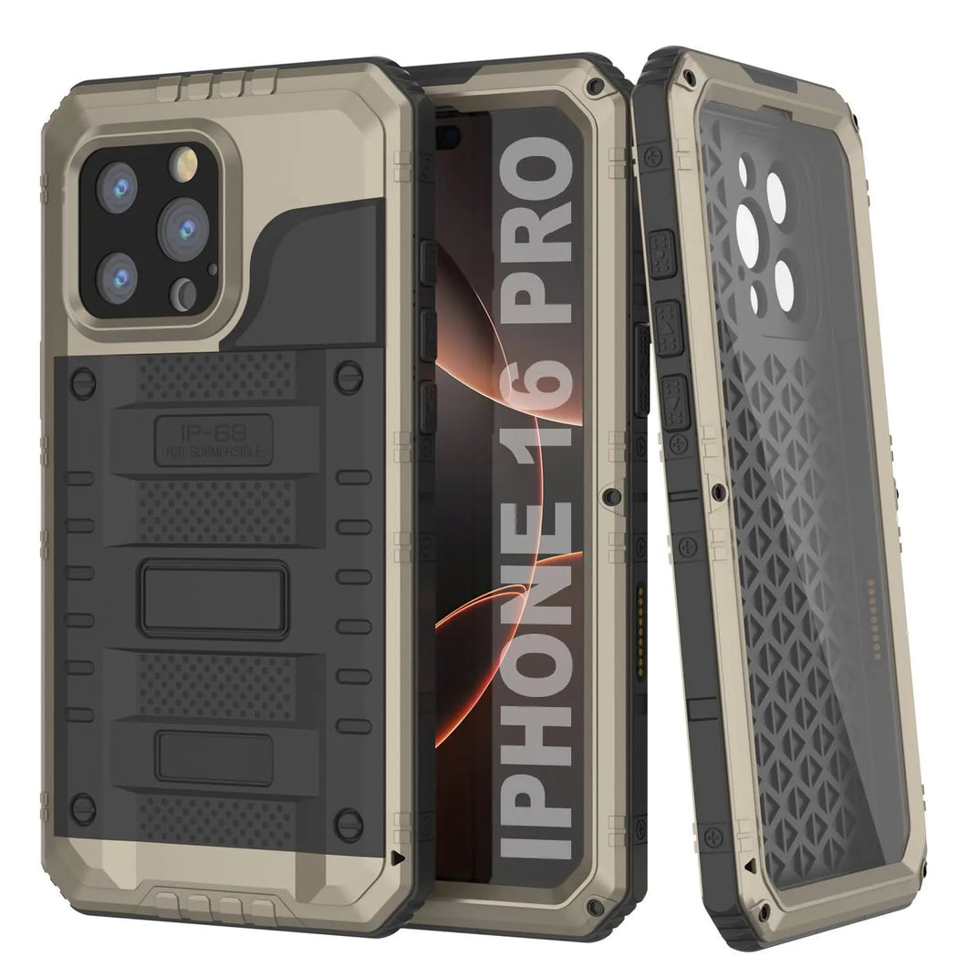 iPhone 16 Pro Metal Extreme 3.0 Série Aluminium Aluminium Aluminium IP68 W / Buillt en protecteur d'écran et kickstand [Gold]