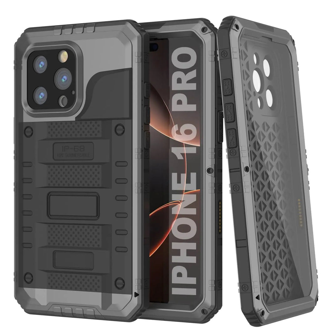 iPhone 16 Pro Metal Extreme 3.0 Série Aluminium Aluminium Aluminium IP68 W / Buillt en protecteur d'écran et kickstand [Silver]