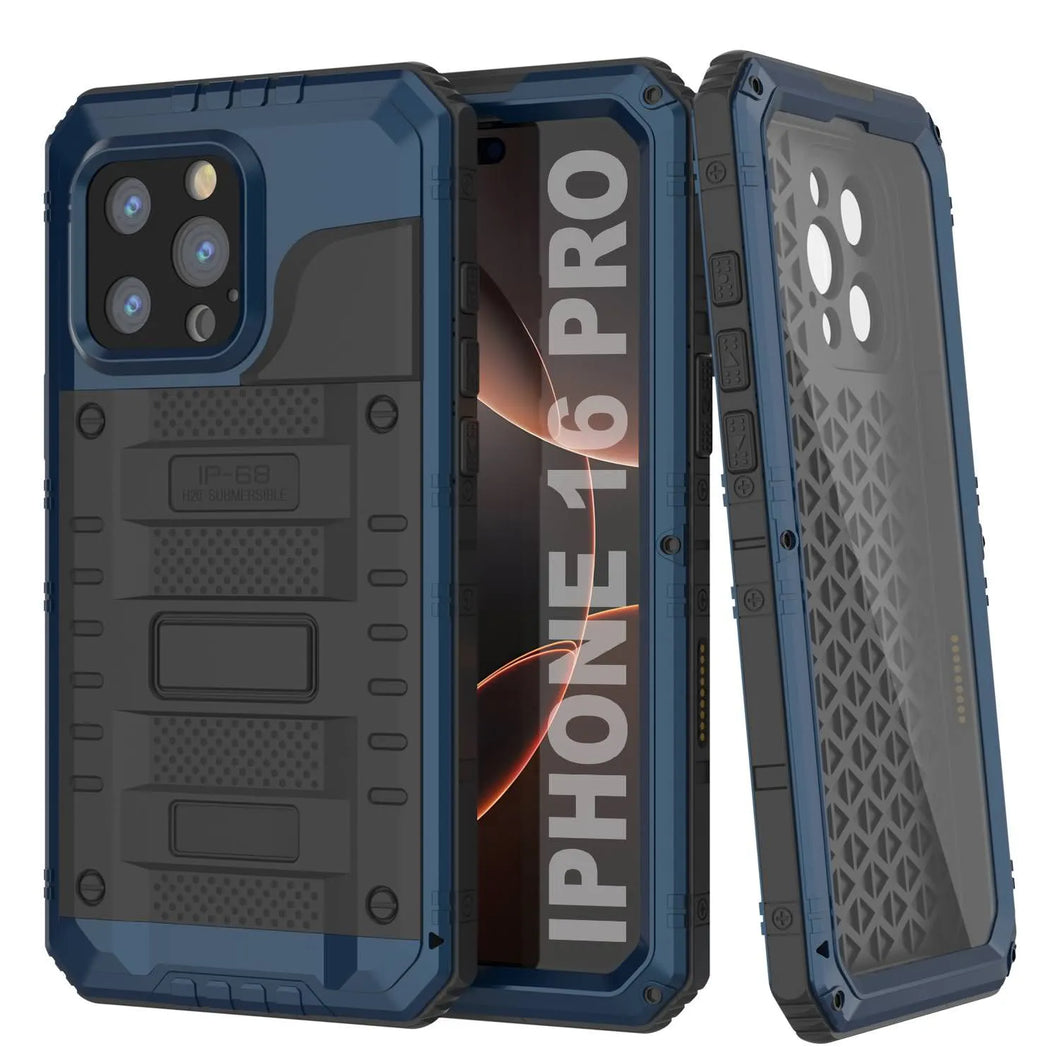 iPhone 16 Pro Metal Extreme 3.0 Série Aluminium Aluminium Aluminium IP68 W / Buillt en protecteur d'écran et kickstand [Blue]