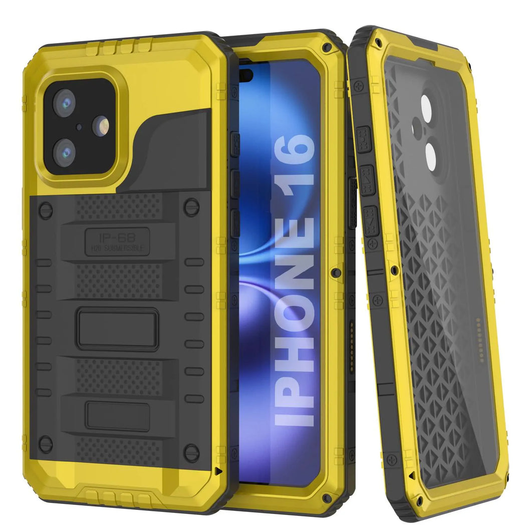 iPhone 16 Metal Extreme 3.0 Série Aluminium Aluminium Case imperméable IP68 W / Bouillt en protecteur d'écran et kickstand [Yellow]