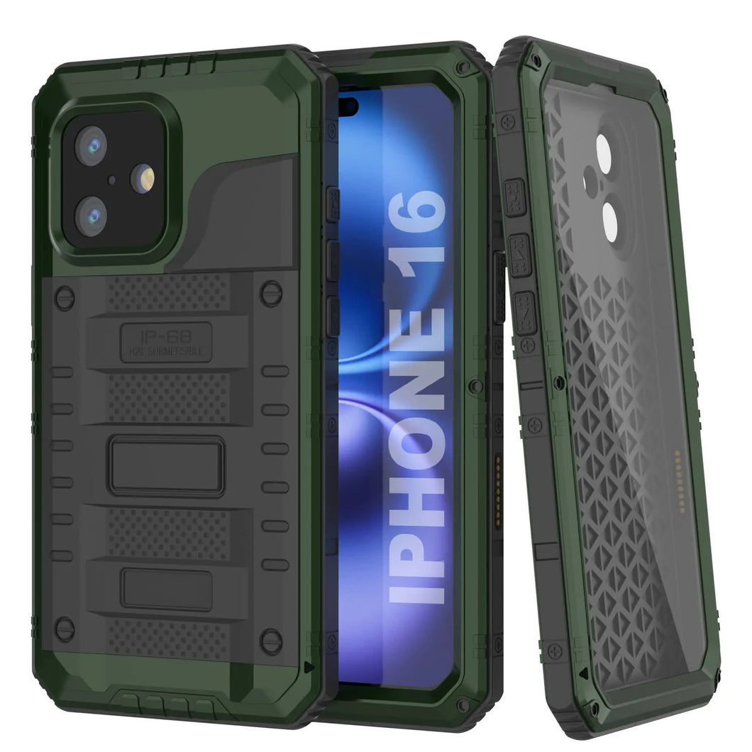 iPhone 16 Metal Extreme 3.0 Série Aluminium Aluminium Case imperméable IP68 avec Bouillt en protecteur d'écran et kickstand [Dark Green]