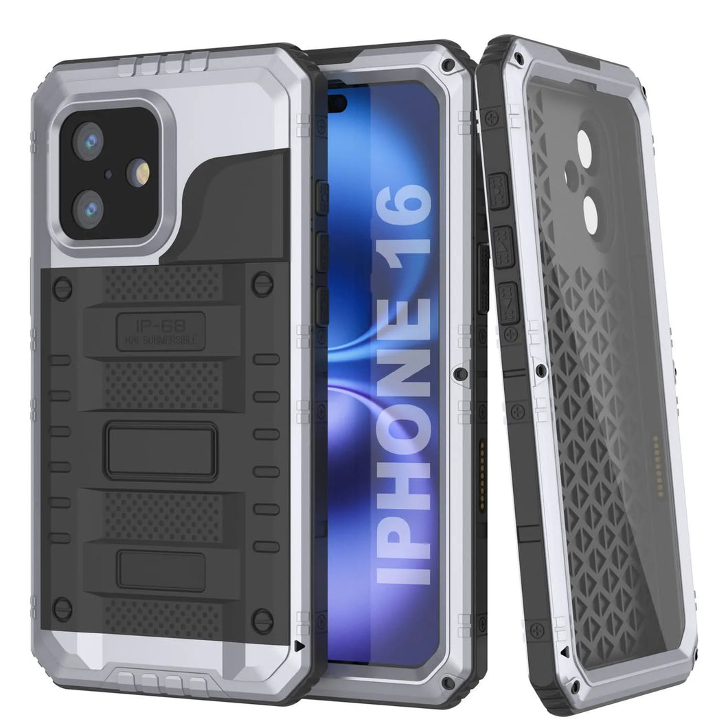 iPhone 16 Metal Extreme 3.0 Série Aluminium Aluminium Étui imperméable IP68 avec Bouillt en protecteur d'écran et kickstand [White]