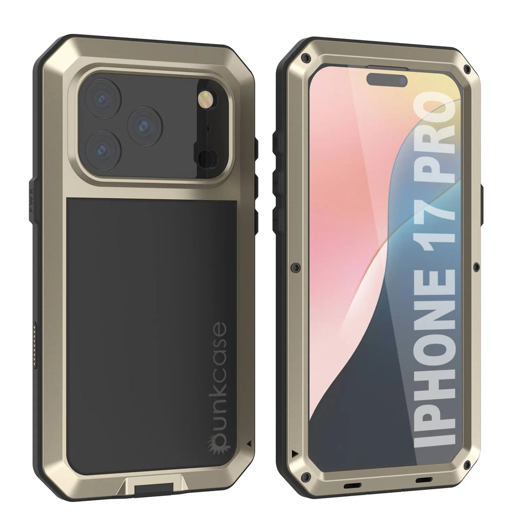 Étui iPhone 17 Pro Metal, couverture d'armure de qualité militaire lourde [Proof] Full Body Hard [Gold]