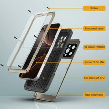 Charger l&#39;image dans la galerie, iPhone 16 Pro Max Metal Extreme 3.0 Série Aluminium Aluminium Aluminium Case IP68 W / Buillt en protecteur d&#39;écran et kickstand [Gold]
