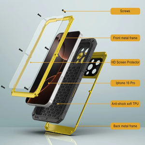 iPhone 16 Pro Metal Extreme 3.0 Série Aluminium Aluminium Aluminium IP68 W / Buillt en protecteur d'écran et kickstand [Yellow]