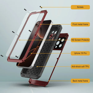 iPhone 16 Pro Metal Extreme 3.0 Série Aluminium Aluminium Aluminium IP68 W / Buillt en protecteur d'écran et kickstand [Red]