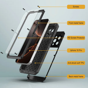 iPhone 16 Pro Metal Extreme 3.0 Série Aluminium Aluminium Aluminium IP68 W / Buillt en protecteur d'écran et kickstand [noir]