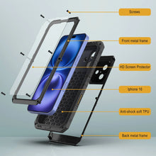 Charger l&#39;image dans la galerie, iPhone 16 Metal Extreme 3.0 Série Aluminium Aluminium Étui imperméable IP68 avec Bouillt en protecteur d&#39;écran et kickstand [noir]

