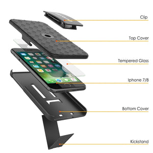 Punkcase iPhone SE (4.7") Case With Tempered Glass Screen Protector, Holster Belt Clip & Built-In Kickstand Non Slip Dual Layer Hybrid TPU Full Body Protection [Thin Fit] for Apple iPhone 7 & 8 [Black] 