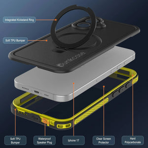 Coque étanche pour iPhone 17 [Série Kickstud 2.0] Housse de protection IP68 avec protecteur d'écran et béquille [Jaune]