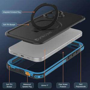 Coque étanche pour iPhone 17 [Série Kickstud 2.0] Housse de protection IP68 avec protecteur d'écran et béquille [Bleu]