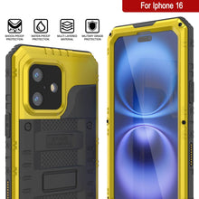 Charger l&#39;image dans la galerie, iPhone 16 Metal Extreme 3.0 Série Aluminium Aluminium Case imperméable IP68 W / Bouillt en protecteur d&#39;écran et kickstand [Yellow]
