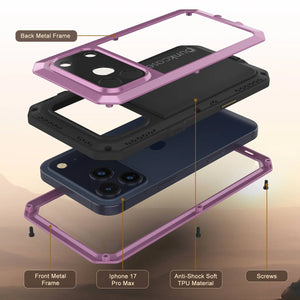 Étui iPhone 17 Pro Max Metal, couverture d'armure de qualité militaire lourde [Proof] Full Body Hard [Pink]
