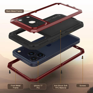 Étui iPhone 17 Pro Metal, couverture d'armure de qualité militaire lourde [Proof] Full Body Hard [Red]