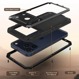 Étui iPhone 17 Pro Metal, couverture d'armure de qualité militaire lourde [Proof] Full Body Hard [noir]