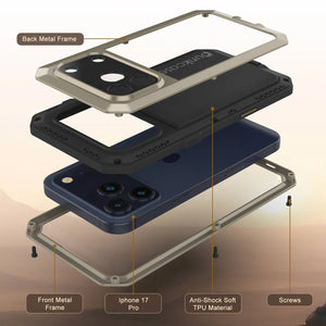 Étui iPhone 17 Pro Metal, couverture d'armure de qualité militaire lourde [Proof] Full Body Hard [Gold]