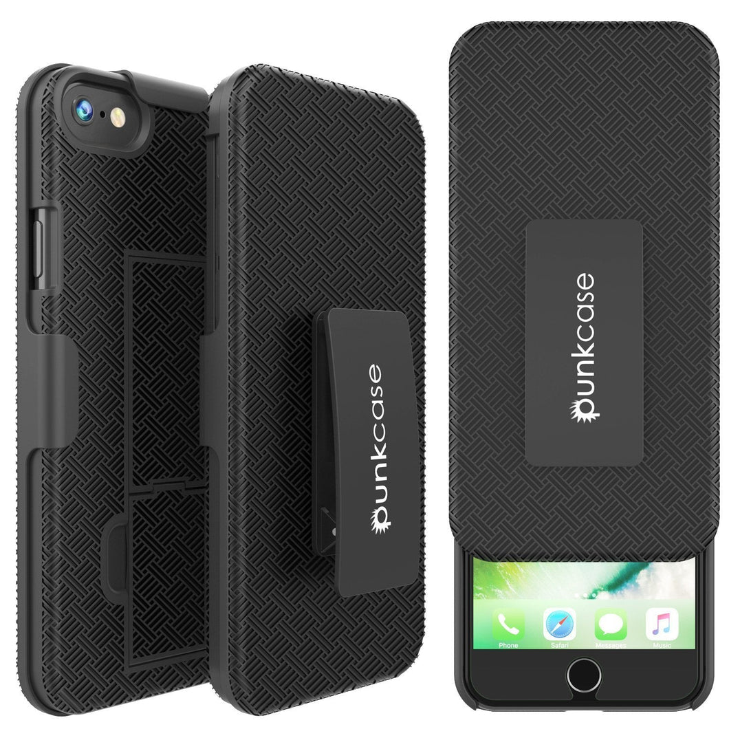 Punkcase iPhone 8 / 7 Case With Tempered Glass Screen Protector, Holster Belt Clip & Built-In Kickstand Non Slip Dual Layer Hybrid TPU Full Body Protection [Thin Fit] for Apple iPhone 7 & 8 [Black] (Color in image: Black)