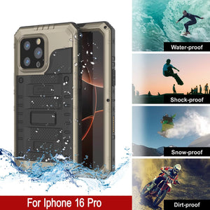 iPhone 16 Pro Metal Extreme 3.0 Série Aluminium Aluminium Aluminium IP68 W / Buillt en protecteur d'écran et kickstand [Gold]