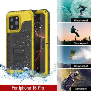 iPhone 16 Pro Metal Extreme 3.0 Série Aluminium Aluminium Aluminium IP68 W / Buillt en protecteur d'écran et kickstand [Yellow]