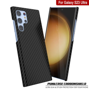 Coque Galaxy S23 Ultra, Punkcase CarbonShield, Robuste et Ultra Fine, Couverture en Cuir PU à Deux Couches Jet Black (Style en Fibre de Carbone)