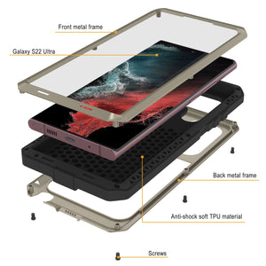 Galaxy S22 Ultra Metal Case, Heavy Duty Military Grade Rugged Armor Cover [Gold] (Color in image: Silver)