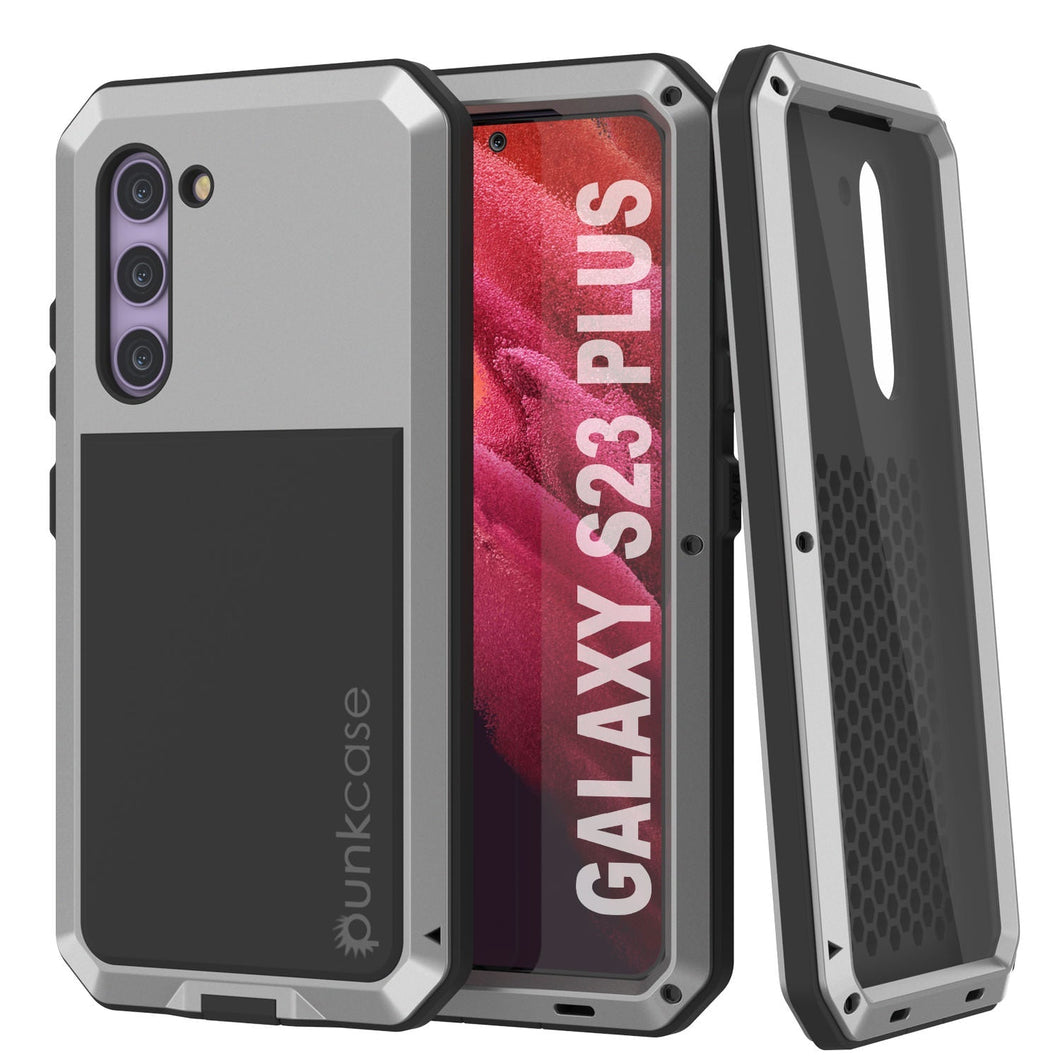 Étui en métal Galaxy S23+ Plus, Coque blindée de qualité militaire [anti-choc] Rigide en plein corps [Argent]