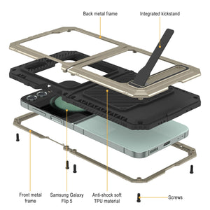 Coque métallique pour Galaxy Z Flip5, étui robuste de qualité militaire, protection complète en métal [Or].
