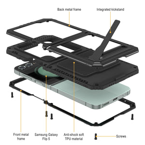 Étui en métal Galaxy Z Flip5, coque blindée de qualité militaire résistante, corps complet rigide [noir].