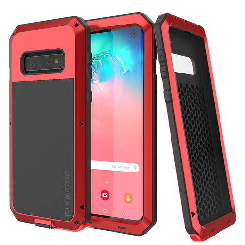 Galaxy S10 Metal Case, Heavy Duty Military Grade Rugged Armor Cover [Red] (Color in image: Red)