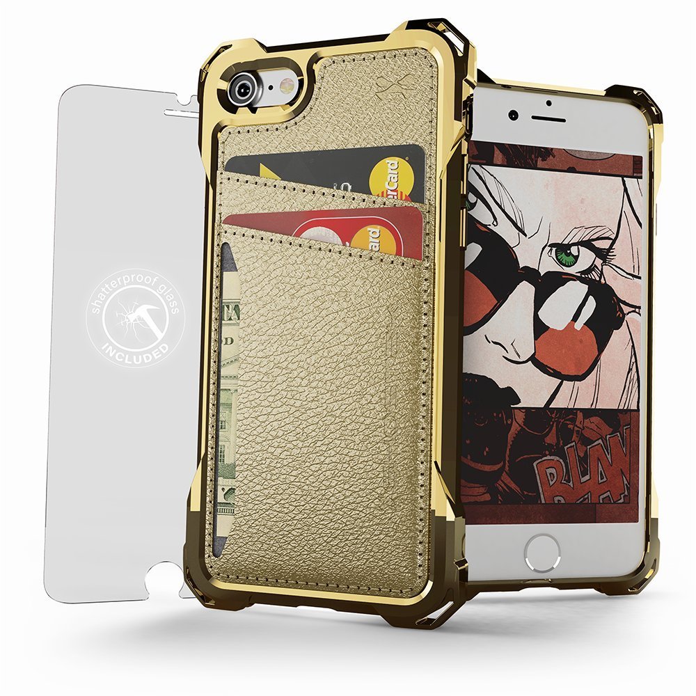 iPhone 8+Plus Wallet Case, Ghostek Exec Gold Series | Slim Armor Hybrid Impact Bumper | TPU PU Leather Credit Card Slot Holder Sleeve Cover (Color in image: Gold)