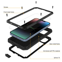 Load image into Gallery viewer, Coque en métal pour iPhone 14, étui militaire robuste de qualité supérieure [antichoc], rigide [noir] pour l&#39;intégralité du corps.
