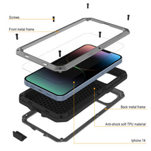 Load image into Gallery viewer, Coque en métal pour iPhone 14, robuste et résistante de qualité militaire [antichoc], dure en intégralité pour le corps [argenté].
