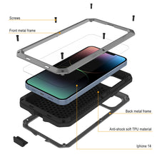 Load image into Gallery viewer, Étui en métal pour iPhone 15, Coque robuste de qualité militaire [antichoc] en corps complet [argenté]
