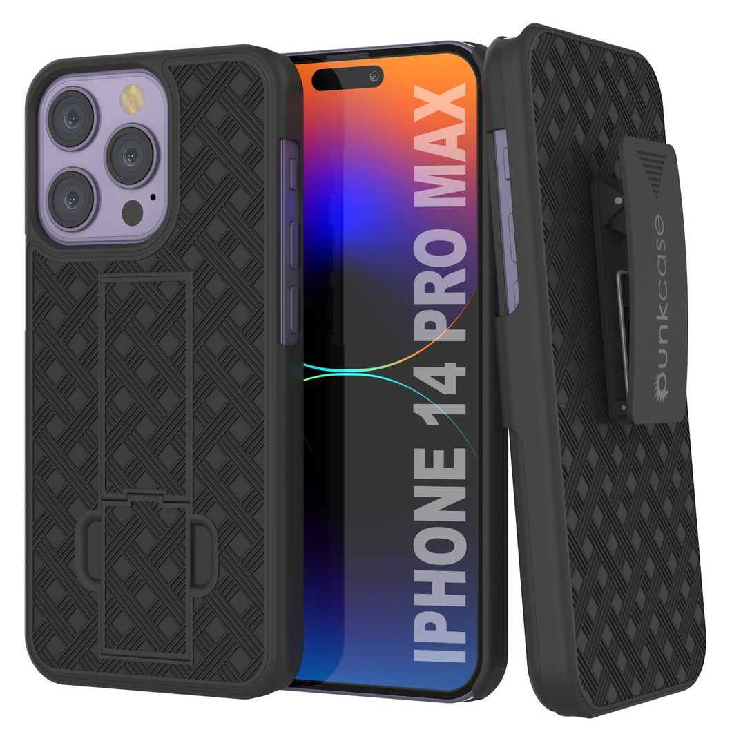 Coque Punkcase pour iPhone 14 Pro Max avec protecteur d'écran en verre trempé, clip de ceinture à étui et support intégré [Noir]
