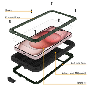 Coque en métal pour iPhone 15, étui robuste de qualité militaire [antichoc] intégral et solide [vert foncé]